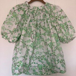 J Crew Smocked neck puff-sleeve top in lime cherry blossoms